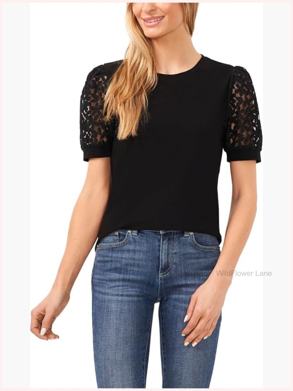 Lace Puff Sleeve Mixed Media Knit Top - Short Sleeve Crew Neck